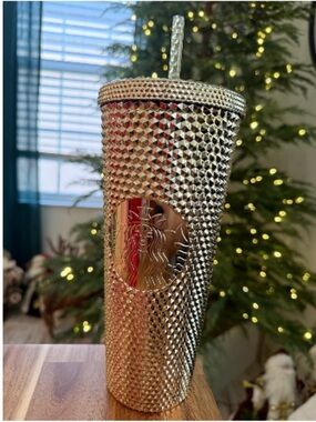 Starbucks *Christmas 2022* Gold Foil Studded Cold Drink Tumbler --24oz